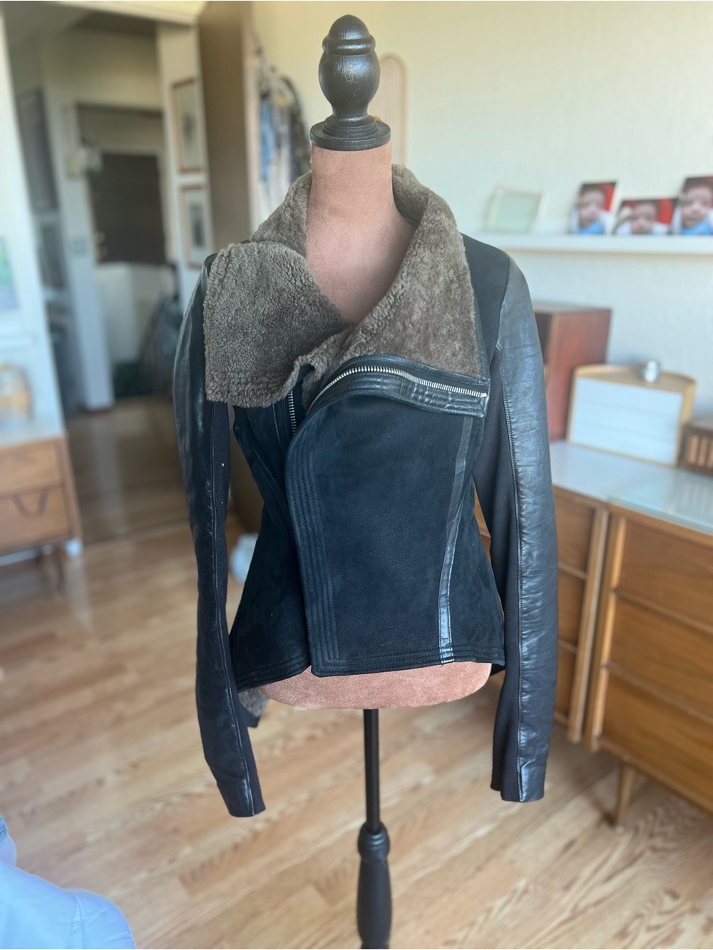 Rick Owens Naska Leather Fur Biker Jacket Black